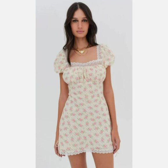 For Love & Lemons Maxine Vintage Rose Pink Floral Puff Sleeve Mini Dress Size M - Picture 1 of 17
